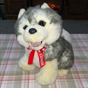 Plush 11” Husky Dog Toy with Red Bow CANADA
